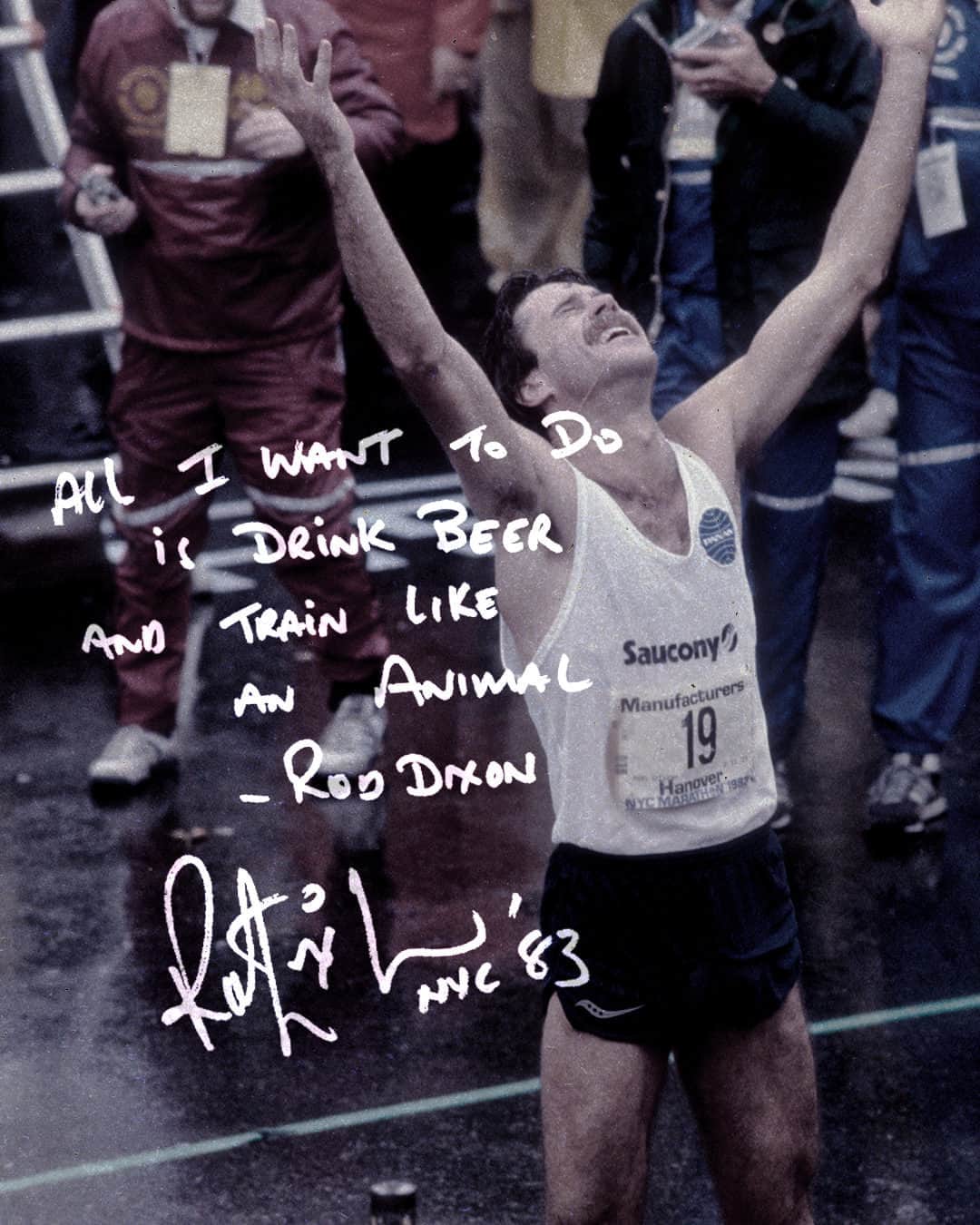 サッカニーのインスタグラム：「A legendary quote from one of the most prolific athletes of the 80’s, New Zealander Rod Dixon, who won the 1983 New York Marathon in epic fashion as a member of the Saucony Racing team.  To all of those racing today, good luck!」