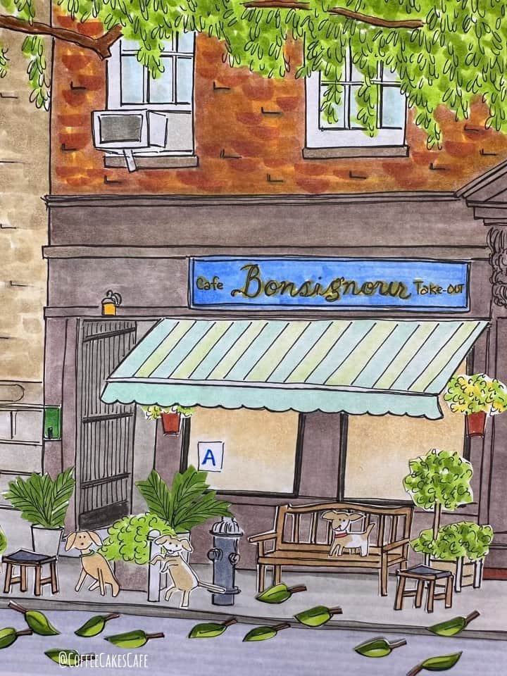 RIASIMのインスタグラム：「One of the sweetest little spot in the village! Love sitting on their bench…perfect to watch the leaves fall, seeing pups walking their humans, and home to the yummiest chicken soup! Come by @bonsignourcafe and say hi!  . Happy Sunday everyone!☕️💚 . . . . . . . . #westvillage #westvillagenyc #westvillagelife #westvillagenewyork #westvillageliving #westvillageny #prettycitynewyork #stopmotion #coffeecakescafe #storefront #storefrontcollective #facadelovers #fallinnyc」