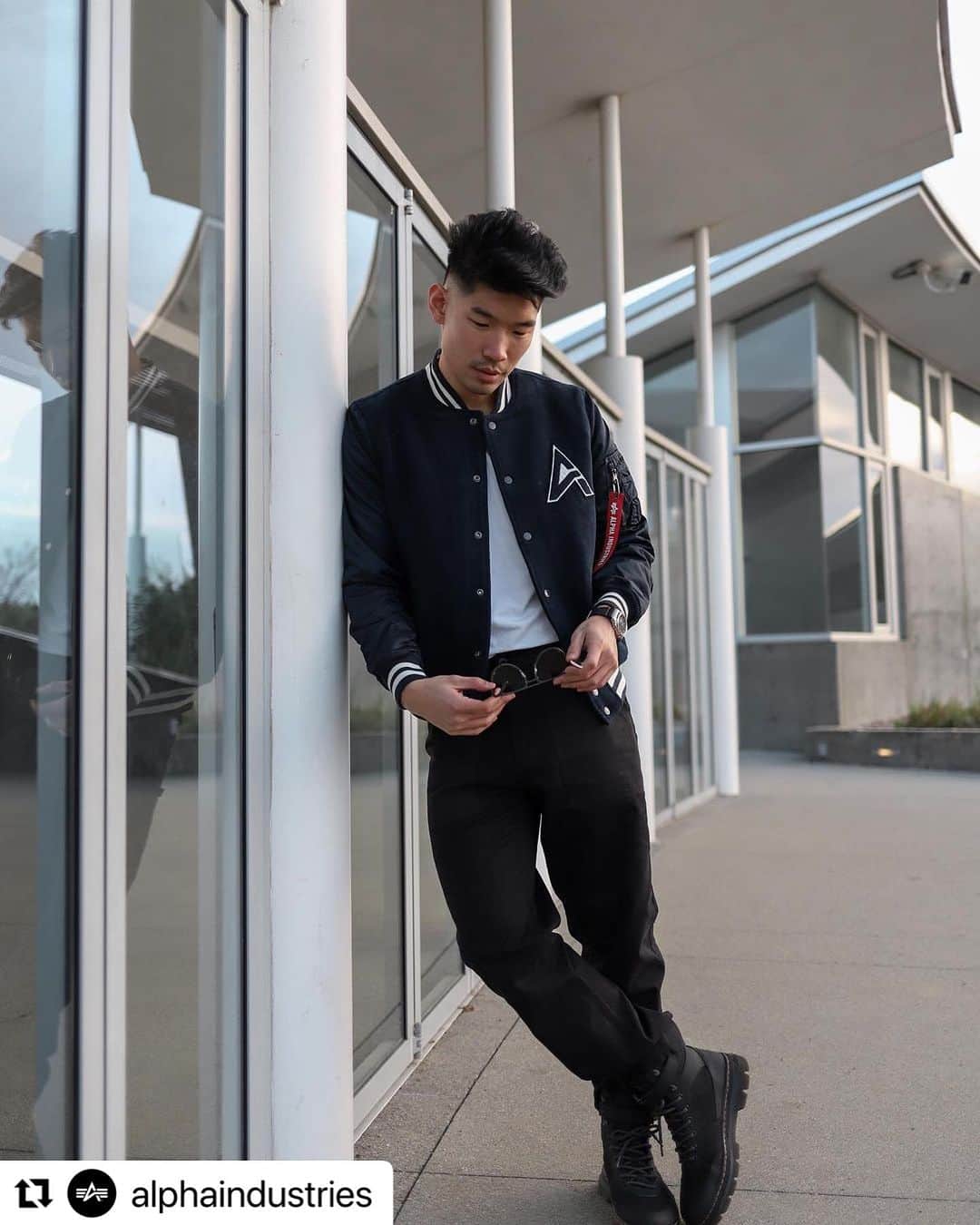 のインスタグラム：「#Repost @alphaindustries with @use.repost ・・・ New Year New Gear New Heights - Ready to take flight with #AlphaIndustries! Wearing the MA-1 Wool Varsity Jacket and Fatigue Pant.」