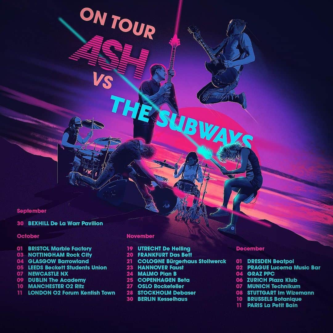 アッシュのインスタグラム：「TWO WEEKS until the European leg of the Ash vs @TheSubways Tour kicks off!  Get your tickets now - ash-official.com/shows (link in bio)  #ash #ashtag #ashband #subways #tour #europe #european」
