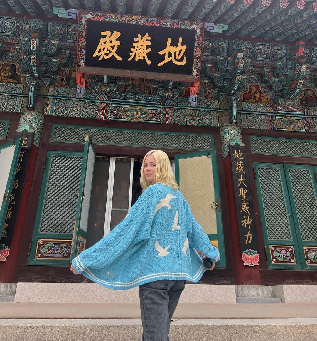 ニーナ・ネスビットのインスタグラム：「welcome to (south korea)… it’s been waiting for you 💙 thanks for the new cardigan @taylorswift ! hehe」