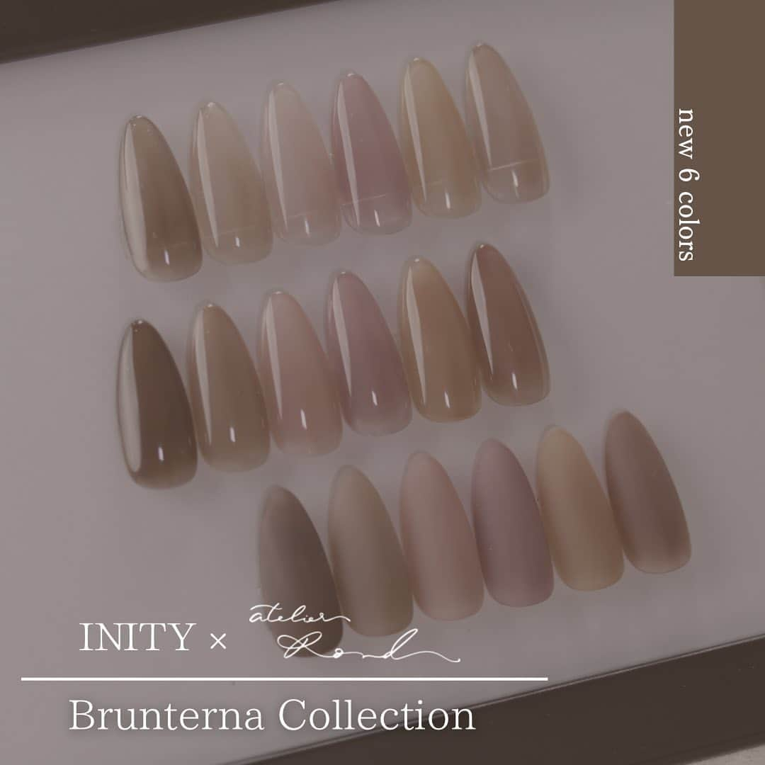 initygel_officialのインスタグラム：「〈pr〉 情報解禁…♡  @initygel_official × @rond_maki  初コラボ♡Brunterna Collection  夕方のホテルステイ中、ふわっと風が吹き カーテンが揺れた隙間から差し込む夕日… 的なイメージで作らせていただいた 大人なくすみブラウンカラーです🤎笑  薄塗りワンカラーでも、 こっくりマットカラーにしても、 ニュアンスネイルにも…♡ 万能なしっかり発色さんです☺️  INITY × atelier Rond コラボ Brunterna collection🤎 01 Som 02 Mor 03 Rubi 04 Mage 05 Ab 06 Marro  ネイルエキスポ2023にて先行発売！ デモステージにて色んな使い方を発信します♡ パケもかわいいのでまた後日発信させていただきます✨  @hbaz_official  @initygel_official  @ryuta_nagai  #ブラウンネイル#ニュアンスネイル#セルフネイル#大人ネイル」