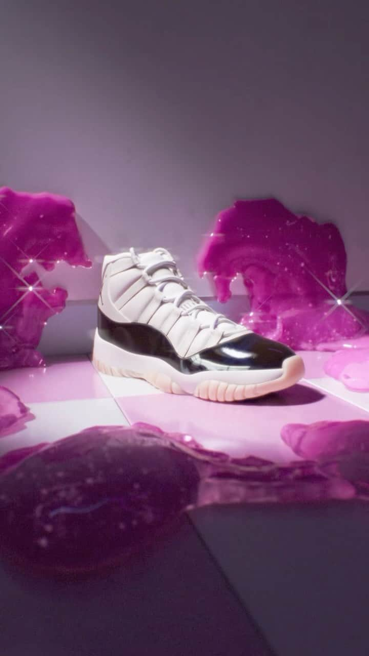 Jordanのインスタグラム：「Air Jordan 11 ‘Neapolitan’. Designed for women and girls, the timeless silhouette gets a dreamy new look with pops of Atmosphere Pink and Velvet Brown.  Link in bio to get notified.」