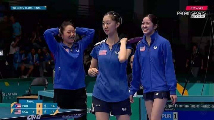 リリー・チャンのインスタグラム：「CHAMPIONS! 🥇🏓  We celebrate the extraordinary triumph of the United States women’s table tennis team. Their dedication and skill have earned them the highest honor: the gold medal. Congratulations, champions! 🇺🇸👏🏼  .  ¡CAMPEONAS! 🏓🔥  Celebramos el extraordinario triunfo del equipo femenino de tenis de mesa de Estados Unidos. Su dedicación y habilidad les han merecido el más alto honor: la medalla de oro. ¡Enhorabuena, campeonas! 🇺🇸👏🏼  #PanamSports #Santiago2023 #JuegosPanamericanos #PanAmericanGames #TableTennis」