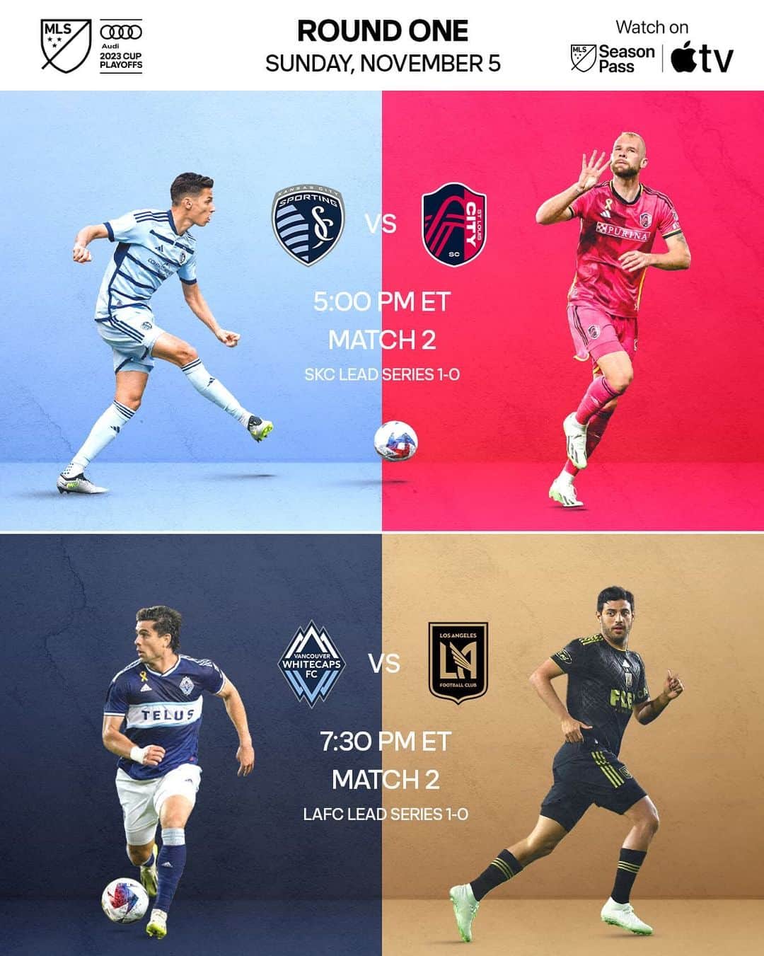 Major League Soccerのインスタグラム：「Sunday showdowns out West 🍿 Will Sporting KC & LAFC close things out tonight?  Catch the @audi MLS Cup Playoffs action on MLS Season Pass on @appletv (VANvLAFC also on FS1, TSN, RDS)!」