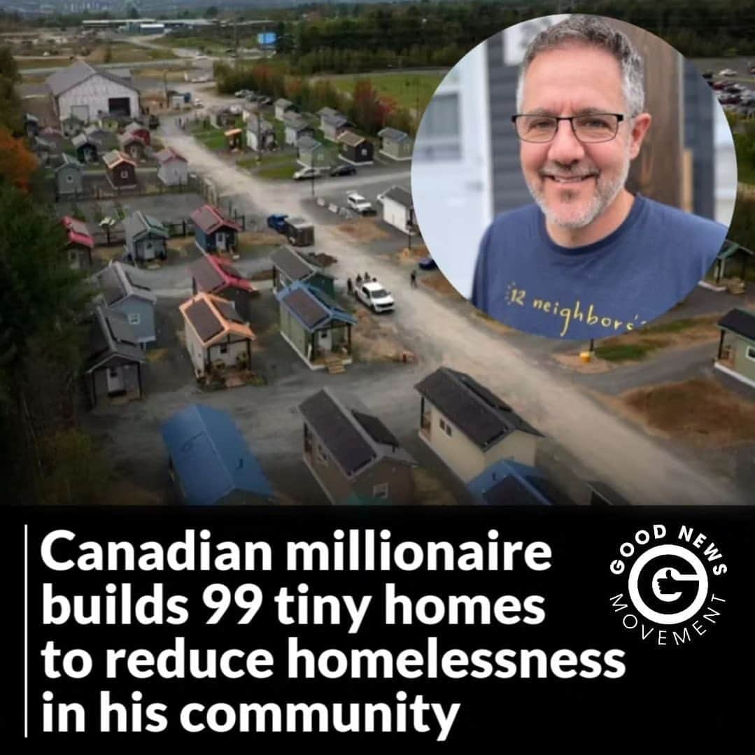 ブリジット・モイナハンのインスタグラム：「#repost @goodnews_movement • After selling his company for eight figures to a competitor, Canadian entrepreneur Marcel LeBrun is using $4 million of the profits to build a community of tiny homes for those in need.  In the New Brunswick city of Fredericton, his factory is now churning out 1 tiny home every 4 business days in a bid to create the 12 Neighbours gated community of a gated community of 99 homes and an enterprise center with a coffee shop, print shop, etc. Each tiny home includes a full-service kitchen, living and bedroom areas, and a full bathroom, a small deck, solar panels on the roofs, and access to programs to train people back into the workforce.」