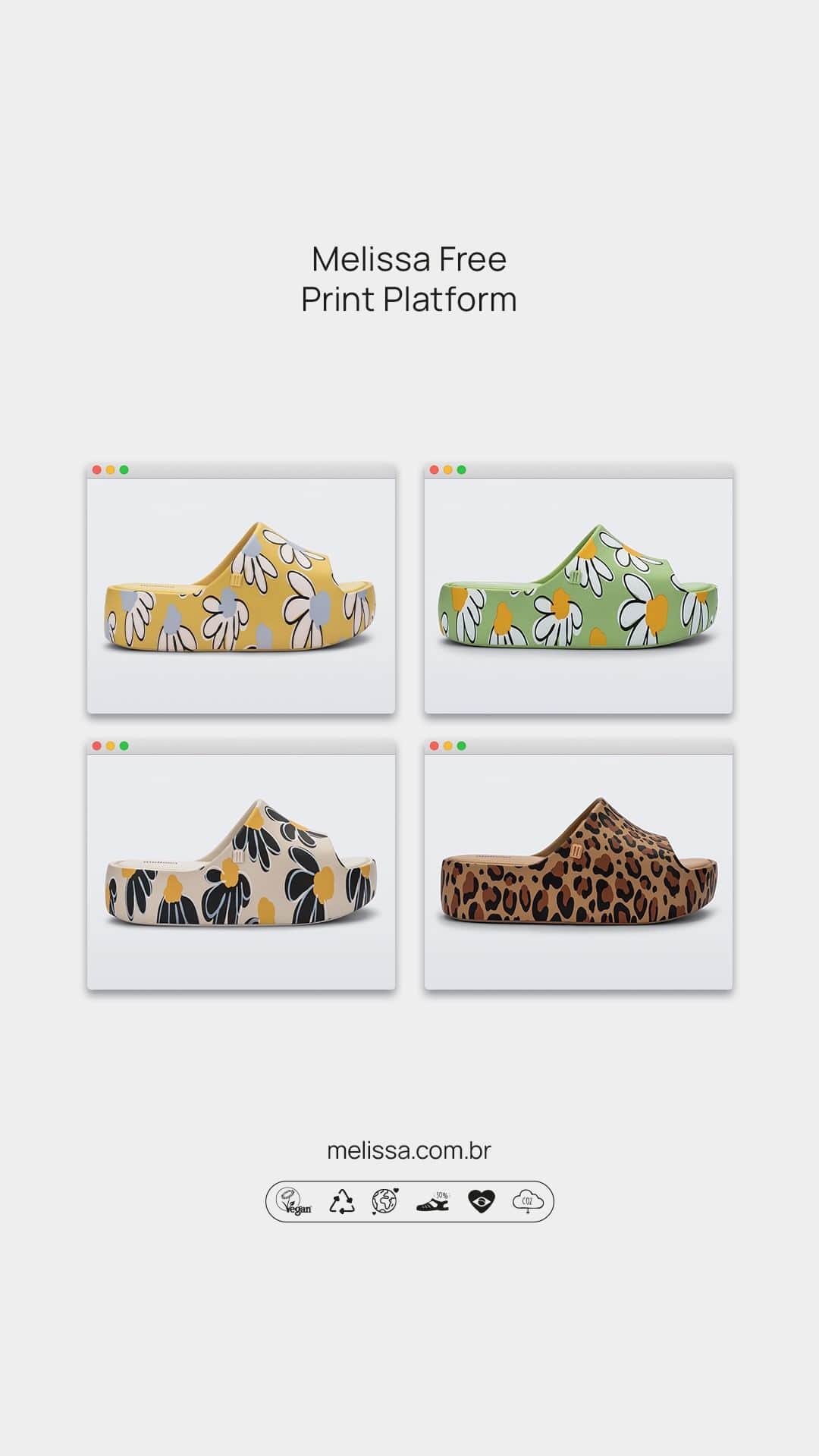 メリッサのインスタグラム：「Como vocês podem ver, o nível de leveza da #MelissaFreePrintPlatform é alto 🤎 Bora garantir a sua em melissa.com.br  ou no #ClubeMelissa!」