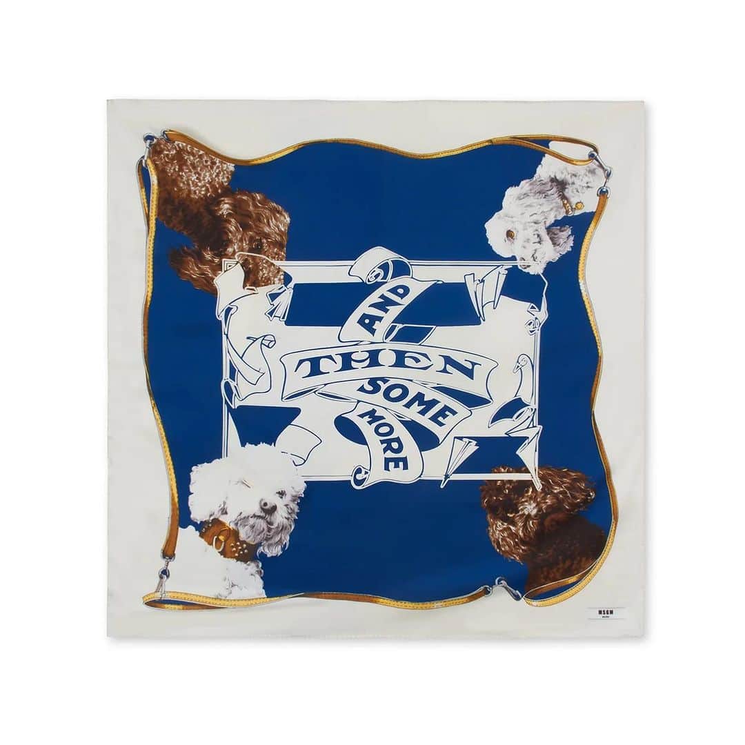 エムエスジーエムのインスタグラム：「The “And Then Some More” graphic foulard, part of the collaboration between #MSGM and Italian artist Lorenza Longhi (@lorenzzzzzzzza) is now available online and in store.  @massimogiorgetti」