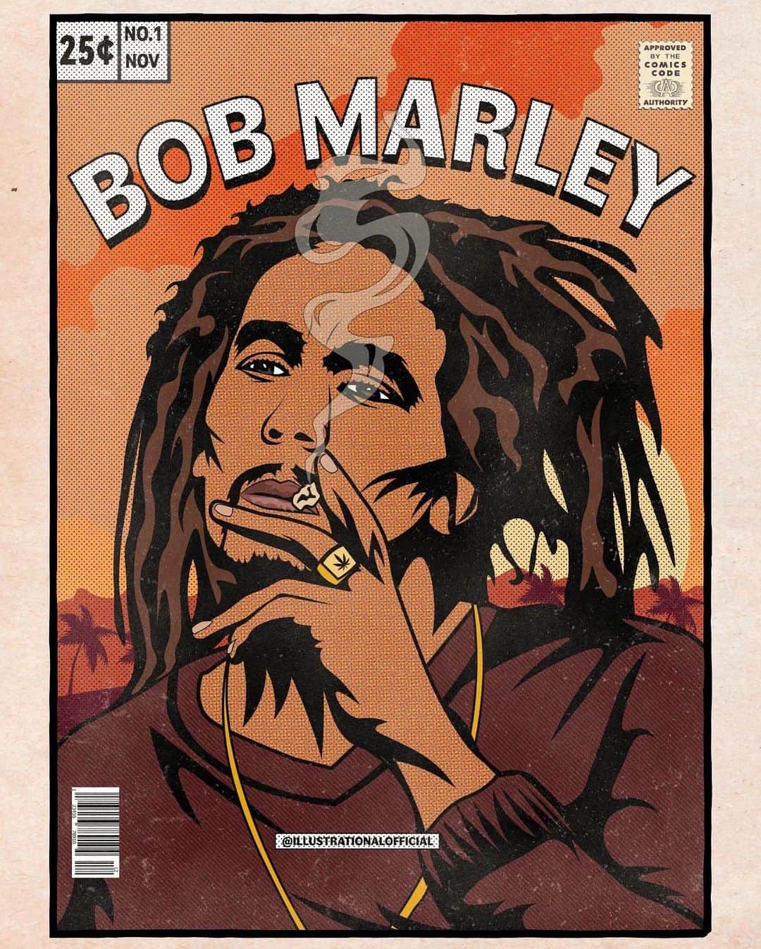 のインスタグラム：「“Herb teach you to be someone.” #bobmarley  What would be Bob’s comic book superhero origin story? Share your version with us in the comments!  🎨 by @illustrationalofficial  Share your works ➡️ #bobmarleyart」