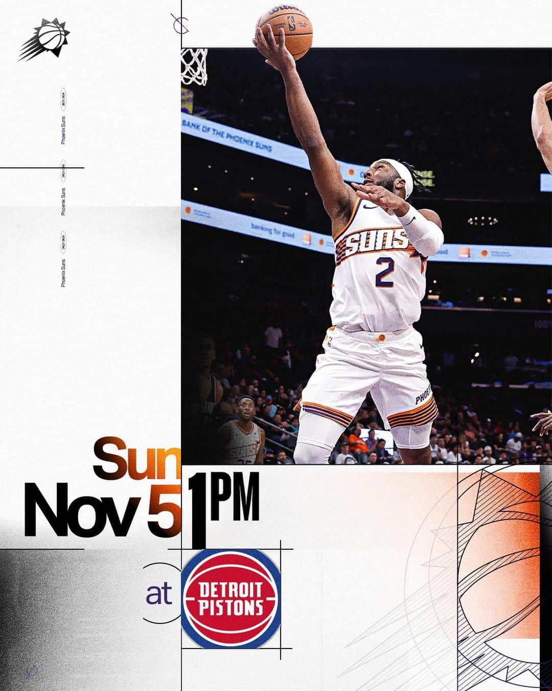 フェニックス・サンズのインスタグラム：「Afternoon basketball ☄️  🆚 @DetroitPistons 🕐 1PM 📺 @arizonasfamily  📻 @arizsports | @lamejorarizona  💻 Live.Suns.com」