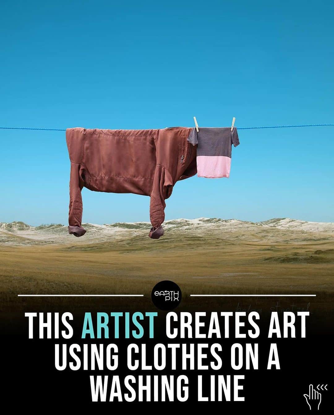 Earth Picsのインスタグラム：「This series contain some of @helga.stentzel best known works using clothes on a washing line 👙👖  Playfulness and simplicity of the idea is contrasted by fine details of the fabrics used and of the landscape. Each character has their unique personality, distinctive voice, and a story to tell.  Swipe ⬅️ to take a look!  📷: @helga.stentzel」