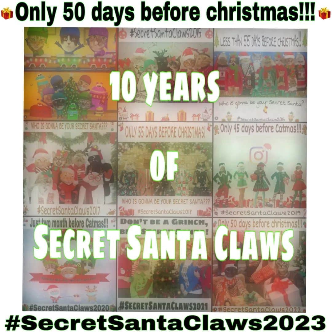 Homer Le Miaou & Nugget La Nugのインスタグラム：「Can you believe it is the 10th Secret Santa Claws official gift exchange?!? How crazy and fun! As there is only 50 days before catmas, #SecretSantaClaws2023 is back 🎅🙆🏻‍♀️🎅 I know you wanna be part of it so here is how to sign up for it : • Please repost this pic or tag some friends to join, you know: "the more, the merrier" hehe!😸  • Send one of us a dm and we’ll send you a little form to register. • Please comment "done" under this post so there is nobody forgotten. • Registration stops on the 12th. On the 15th you'll get a message, detailing your Secret Santa informations. • After that, you will have about 10 days to shop and send your presents. • Don't forget to hashtag your related pics with #SecretSantaClaws2023 so everybody can enjoy them! (It is -CLAWS, not -PAWS. The one finishing with -PAWSis for the D.O.G.S!!!🙉) • After that all you'll have to do is wait for your parcel!!! • You can also follow the other pawesome hosts: @abbytabby50 @melissabrown2345 @kingpopothecat 💟  Have fun and don't spill the bean until the big day hehe!🎁🤫🎁 #secretsantaclaws2023」