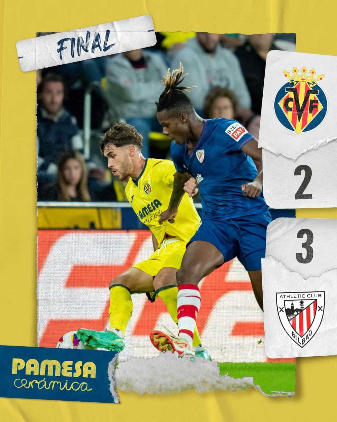 ビジャレアルCFのインスタグラム：「Final en el Estadio de la Cerámica.  Lo intentó hasta el último suspiro el Submarino, que encontró premio a su insistencia en el tramo final con goles de @gerard_moreno y @asorloth, pero no ha podido ser.  #VillarrealAthletic」