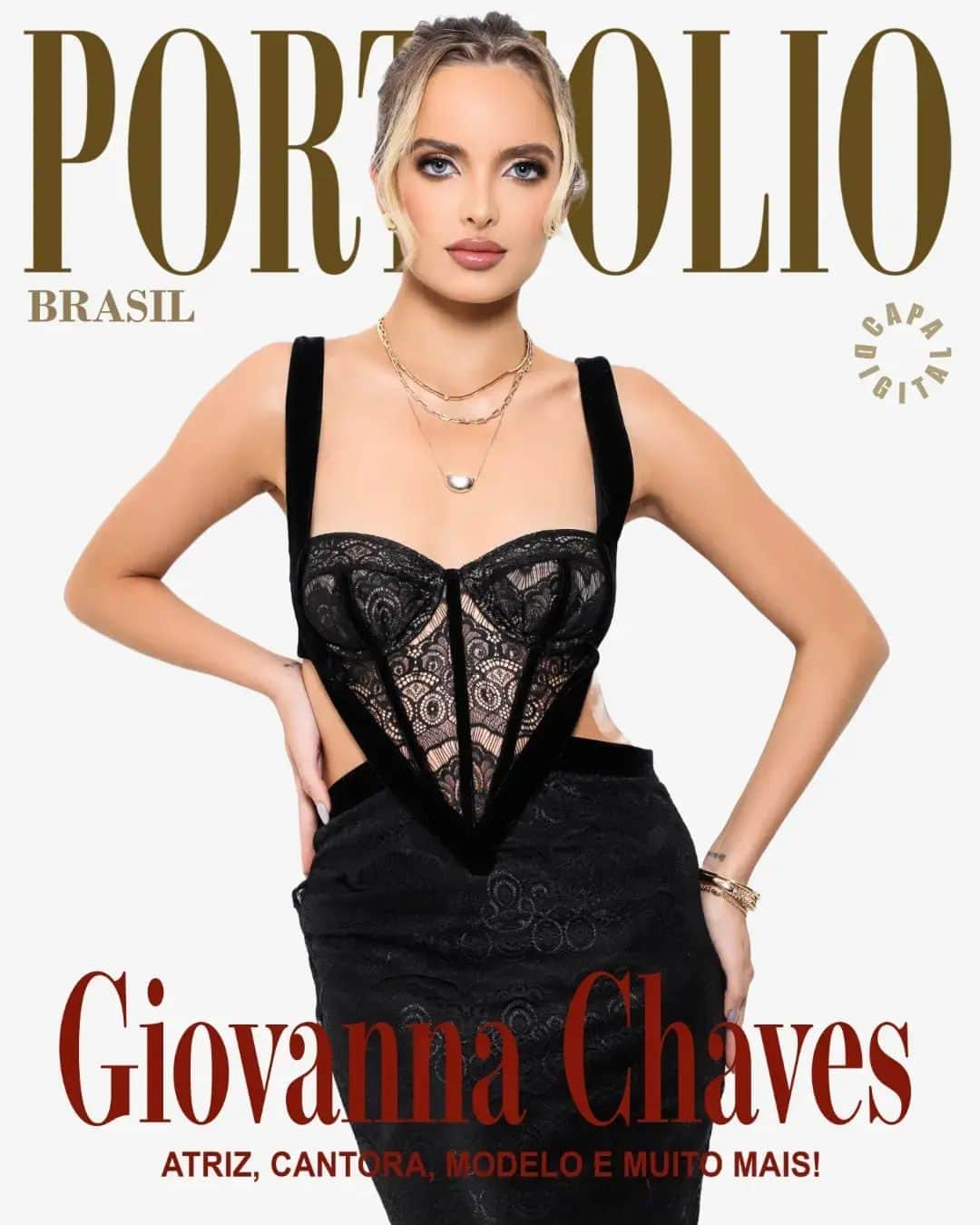 Giovanna Chavesのインスタグラム：「Nossa capa e entrevista especial deste domingo é com uma amada da PORTFOLIO. Giovanna Chaves é atriz, cantora, compositora, dubladora, escritora e modelo. Ufa! Desde sempre uma garota doce, gentil, linda e super talentosa. A cada dia me encanto mais por ela. Convido vocês leitores a assistir à nossa entrevista! Link nos Stories e na Bio.  #RevistaPortfolio #AmadasdaPortfolio #RevistaPortfolioCapa #GiovannaChaves  FICHA TÉCNICA Foto: @sergiocyrillo_ l Estúdio: @cia11estudio l Make/Hair: @estudiohairsp / @guilherme.e.r.x / @estevaobasiliobeauty l Retouch: @tr3zedesign l Stylist: @phydigitalpr l Looks: Vestido Renda Preto Patbo @patbo_brasil + Colares e pulseiras @laroya.store l Calça dourada e camiseta @debrandooficial l Calça preta @acolarac.brand + top flor branca @patbo_brasil l Criação e Edição: @luizalbertoportfolio e @giovannialbinofoto」