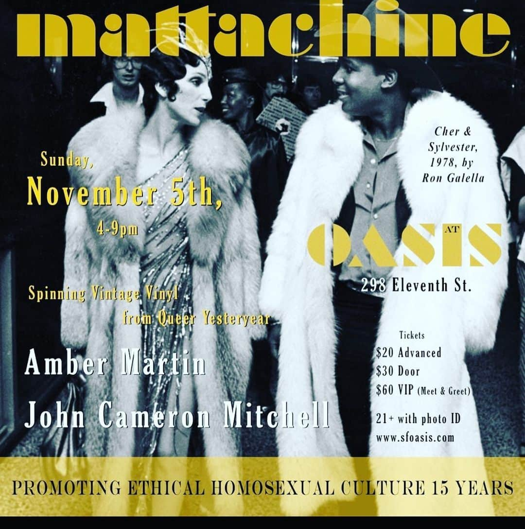 ジョン・キャメロン・ミッチェルのインスタグラム：「SF! @msambermartin and i are djing a tea dancey #MattachineParty today at @theoasissf 4-10p. See my story for a discount tkt link. Bring Olde SF back and dance ur buns off to funk rock soul new wave country and sloooow dances. Cu there!」