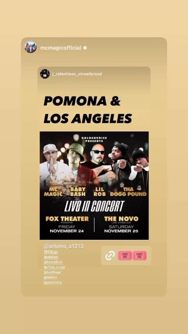 ベイビー・バッシュのインスタグラム：「Two Shows coming up wit @mcmagicofficial and @thereallilrob  @doggpoundrecords and my special guests @officialmiamei and @mkyofficial  come hang with us in Los Angelas or Pomona!! Yeeeeeeee bring some 💨💨💨💨💨💨」