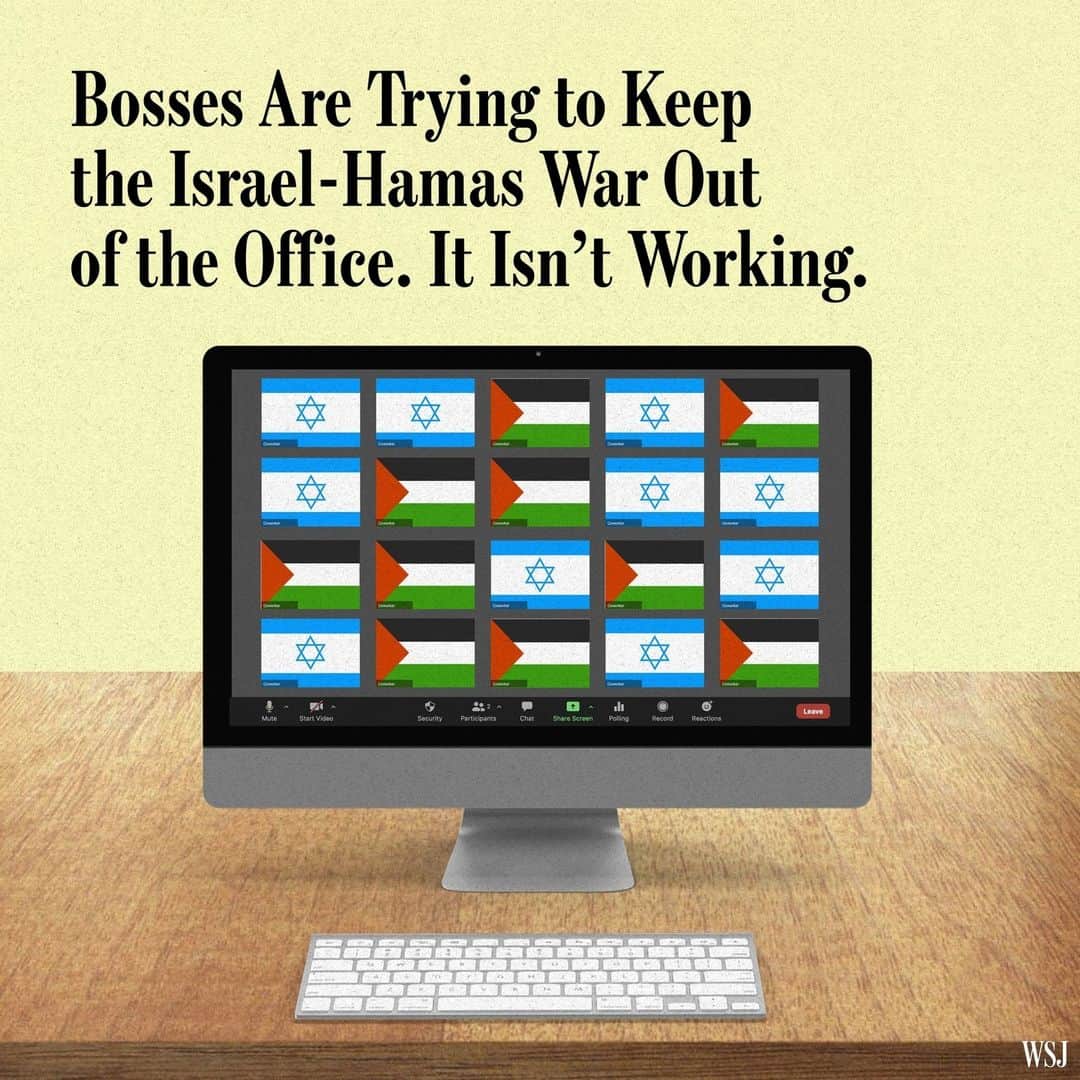 Wall Street Journalのインスタグラム：「When movements such as #MeToo or Black Lives Matter came into the national spotlight, companies took broad stands against sexism or racism, issuing forceful statements and organizing candid conversations. The muted discussion around the Israel-Hamas conflict is a sharp turn. ⁠ ⁠ Employees are criticizing their companies’ responses as tepid or tardy, and saying they feel as though leaders want to avoid the subject.⁠ ⁠ Jewish employees such as Alyssa Bleser, chief legal officer at a cannabis company, say they’re troubled by rising antisemitism and feeling alienated and unsupported by the lack of response from co-workers and bosses. “I would like to see my non-Jewish colleagues and friends speak up,” says Bleser.⁠ ⁠ After her 11-year-old daughter was told by a classmate that she and other Jews should die, Bleser emailed her CEO a statement she’d written in support of Israel, suggesting he circulate it among investors. ⁠ ⁠ The CEO, Jonathan Morrison, didn’t circulate the statement but later invited Bleser and her husband to discuss the conflict. He says he prefers to show support to his Jewish colleagues one-on-one, adding that it feels more meaningful that way.⁠ ⁠ Many company leaders are taking a similar route, given the fraught, complex history between Israel and the Palestinians and the sense that there is no right thing to say. “CEOs, they’re like, nuh-uh, not getting dragged into this one,” says Johnny C. Taylor Jr., head of the human-resources professional association SHRM.⁠ ⁠ Speaking out at work, or outside it, can exact a professional toll, workers say. Some people who’ve shared views publicly have lost jobs. Workers from California to Chicago say in interviews that they believed they’ve been reported to their employers for voicing pro-Palestinian sentiment online. ⁠ ⁠ Read more at the link in our bio.⁠ ⁠ Photo Illustration: WSJ; Pixelsquid, iStock」