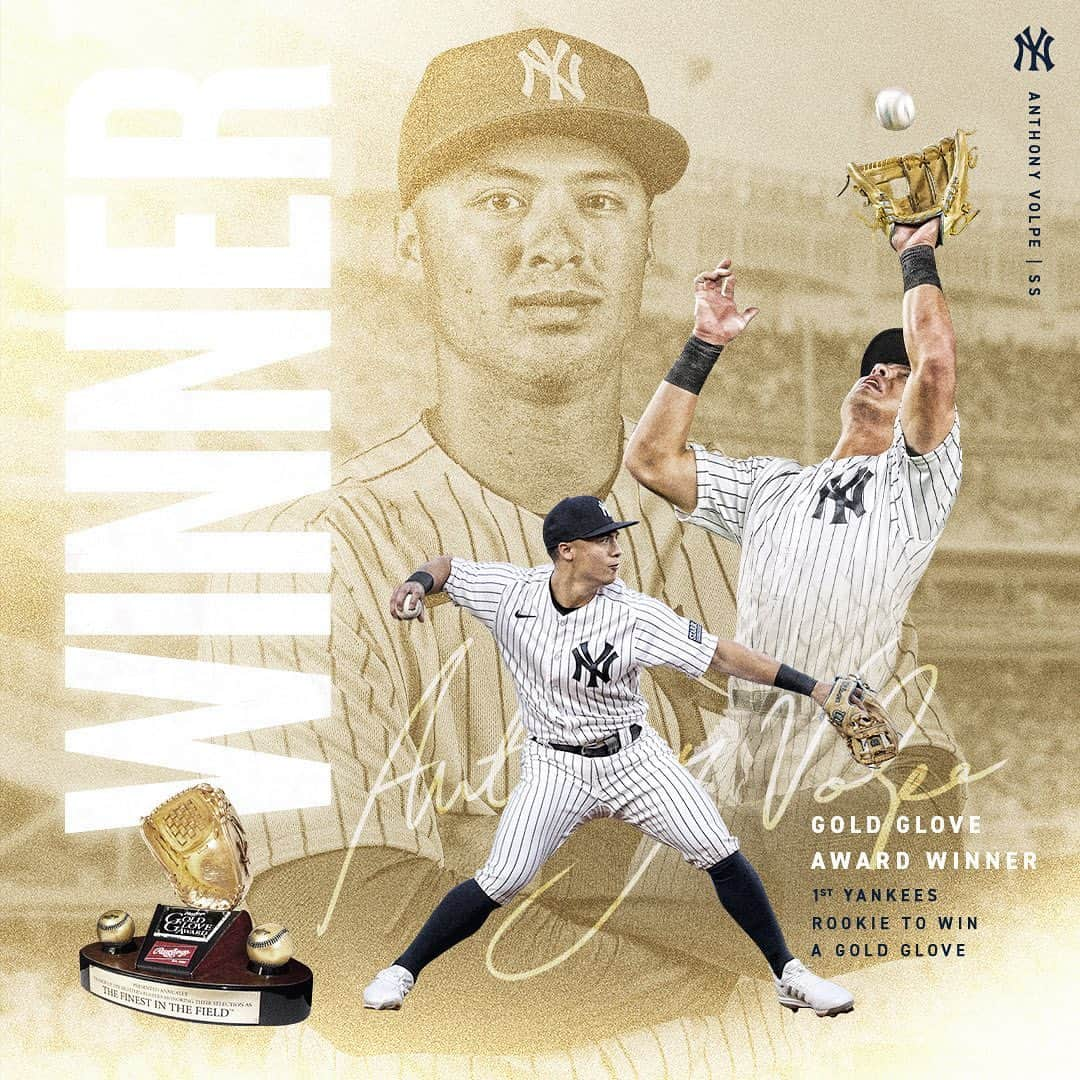 ニューヨーク・ヤンキースのインスタグラム：「Certified Gold 🌟  Congrats on your 1st @rawlingssg Gold Glove, @anthonyvolpe!」