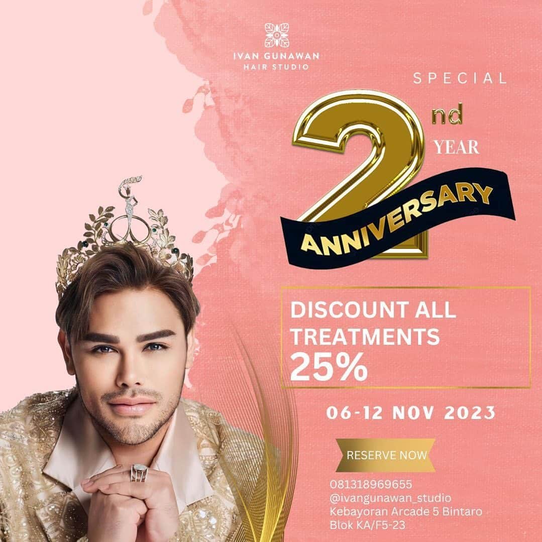 Ivan Gunawanのインスタグラム：「✨🥳 Special Offers 2nd Year Anniversary 🥳✨  Whippi🤩…. Hallo Hairess...  Spesial menyambut Ulang tahun ke-2, kali ini Ivan Gunawan Hair Studio mau kasih kamu Promo lagi lohhh🤩🫶🏻🫶🏻🫶🏻  Khusus untuk para Hairess yg selalu support Ivan Gunawan Hair Studio, jangan kelewatan untuk nikmati Special  All Trearments Disc. 25% on ✨*Special 2nd Year Anniversary*   Promonya for All Treatments - Head to Toe 👩🏼🦶🏻😍* ✨  Mampir yuk... Promo whole week ini berlaku dari tanggal 6 - 12 November ✨  Let's celebrate with us, Hairess... ajak keluarga dan teman ya untuk treatment di @ivangunawan_studio  RESERVASI Segera ke +6281318969655  +6282111658338  Salam, Ivan Gunawan 🤍 @ivan_gunawan」