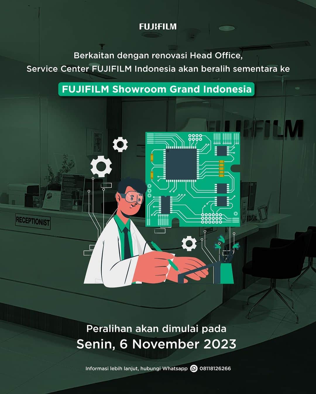 のインスタグラム：「Kepada Customer Service Center Fujifilm Indonesia.  Sehubungan dengan renovasi kantor Fujifilm Indonesia di Office 88 lantai 36. Penerimaan Service kamera sementara dialihkan ke Fujifilm Showroom Grand Indonesia, Mall Grand Indonesia, East Mall 3A Floor. EM3A-23, Jl. M.H. Thamrin No.1, Kebon Melati, Tanah Abang, Jakarta.  Untuk informasi lebih lanjut, silahkan menghubungi Nomor Whatsapp 08118126266.  Terimakasih  #Fujifilm_id #FujifilmIndonesia」