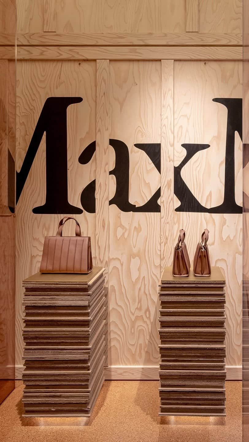 マックスマーラのインスタグラム：「Max Mara C R E A T I V A, the new 180 sqm temporary space in Shanghai’s HKRI shopping mall inspired by #MaxMara factories, with screens to give an immersive experience of being in one. The colour camel is the leitmotif, inspiring a palette of materials in this hue: cork, plywood, recycled card. Shipping crates have been evolved into display units, pedestals, furniture and changing rooms. To underline the creative process there is an allocated space where a selection of items can be personalised. Open now.⁠」