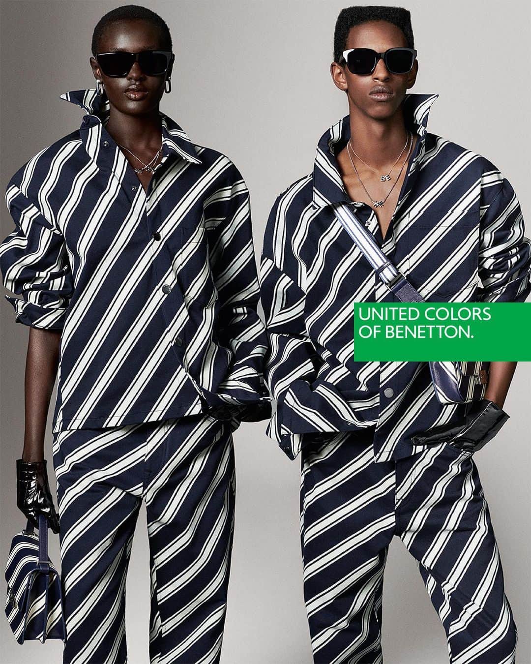 ベネトンのインスタグラム：「Optical codes. Serving a never-go-out of style print turned into an all-over pattern: regimental stripes on clothes and accessories, in a renewed design and modern colorways.  WE ARE INFINITY Fall-Winter 2023-2024 Ad Campaign  Creative Direction @andreaincontri  Photography @giampaolosgura  Styling @kjeldgaard1  Models @chuol_nnyawurh @craig.shimirimana @zhichenghhh @riannevanrompaey @avantinagrath  #Benetton」