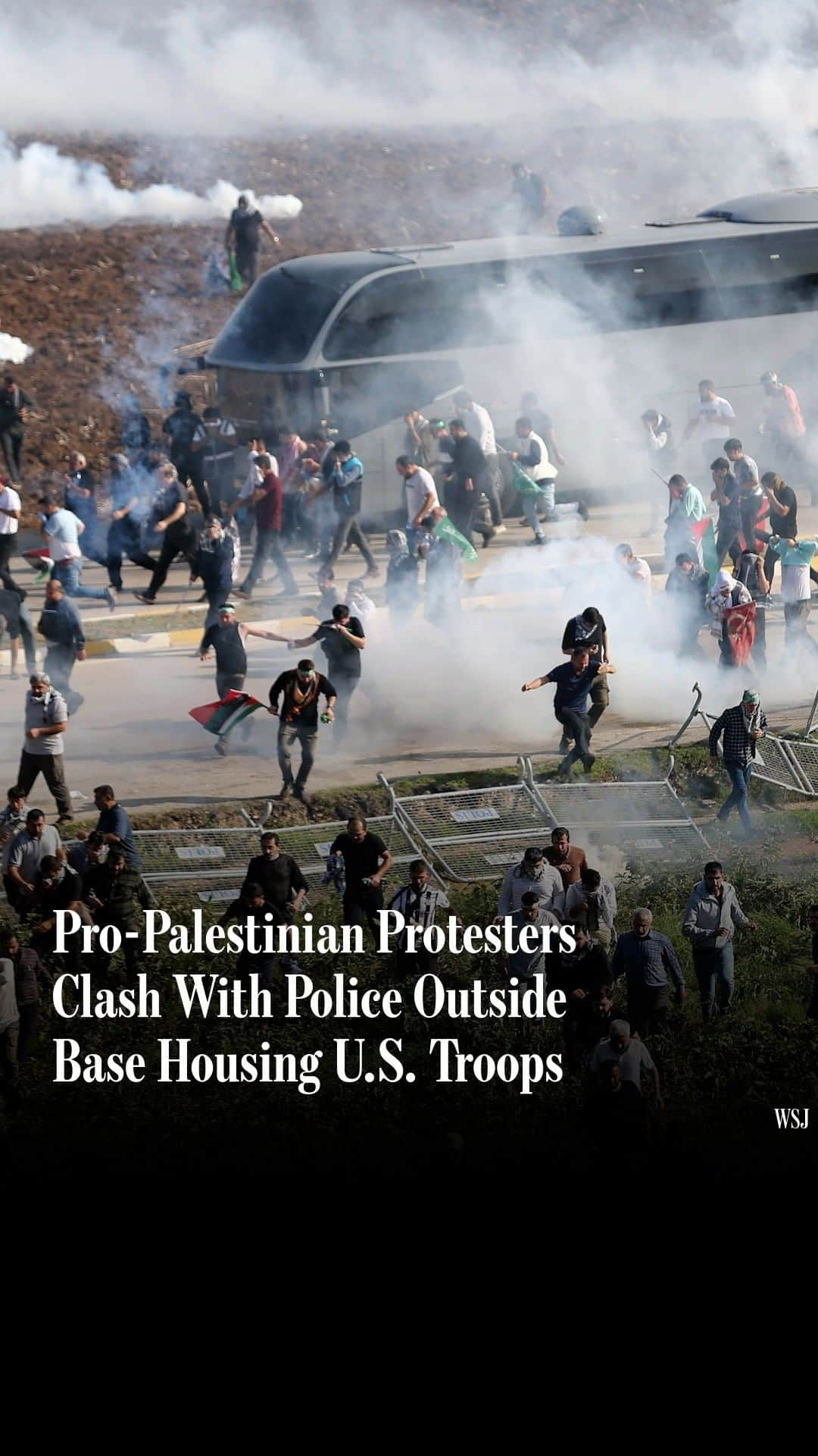 Wall Street Journalのインスタグラム：「Hundreds of pro-Palestinian demonstrators clashed with police outside an air base that houses U.S. troops in Turkey.⁠ ⁠ The protest on Sunday came hours before U.S. Secretary of State Antony Blinken arrived in Turkey for talks on Gaza.⁠ ⁠ Follow live coverage of the Israel-Hamas war at the link in our bio.⁠ ⁠ Photo: Mehmet Sancakzade/AP」