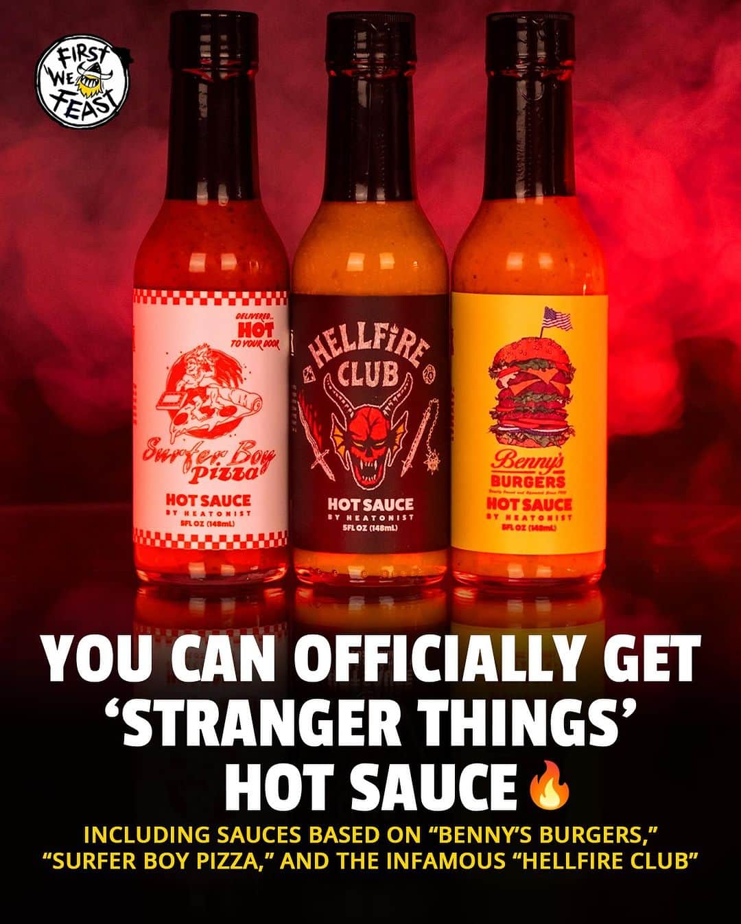 のインスタグラム：「It’s Stranger Things Day 👀 and you can unleash the flavor of the Upside Down with @heatonist’s new collection of ‘Stranger Things’ hot sauces 🔥 Who’s rewatching today?!👇」