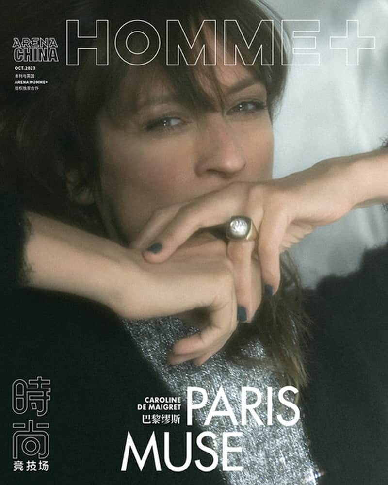 カロリーヌ・ド・メグレのインスタグラム：「New cover @arenahommechina by @jacquesburga Style @marinebraunschvig assisted by Louise Victor Hair @sebastienbascle Makeup @megumiitano Nails @mynailslabb   Photo assistant @toby.st , Madeleine & Tabary Art direction/ set design @reebeccailse assisted by @emily_ortaceramic @bella__stern  Special thanks to @SafeManagement @Saif Mahdhi @leschosessepassent @parikianiii」