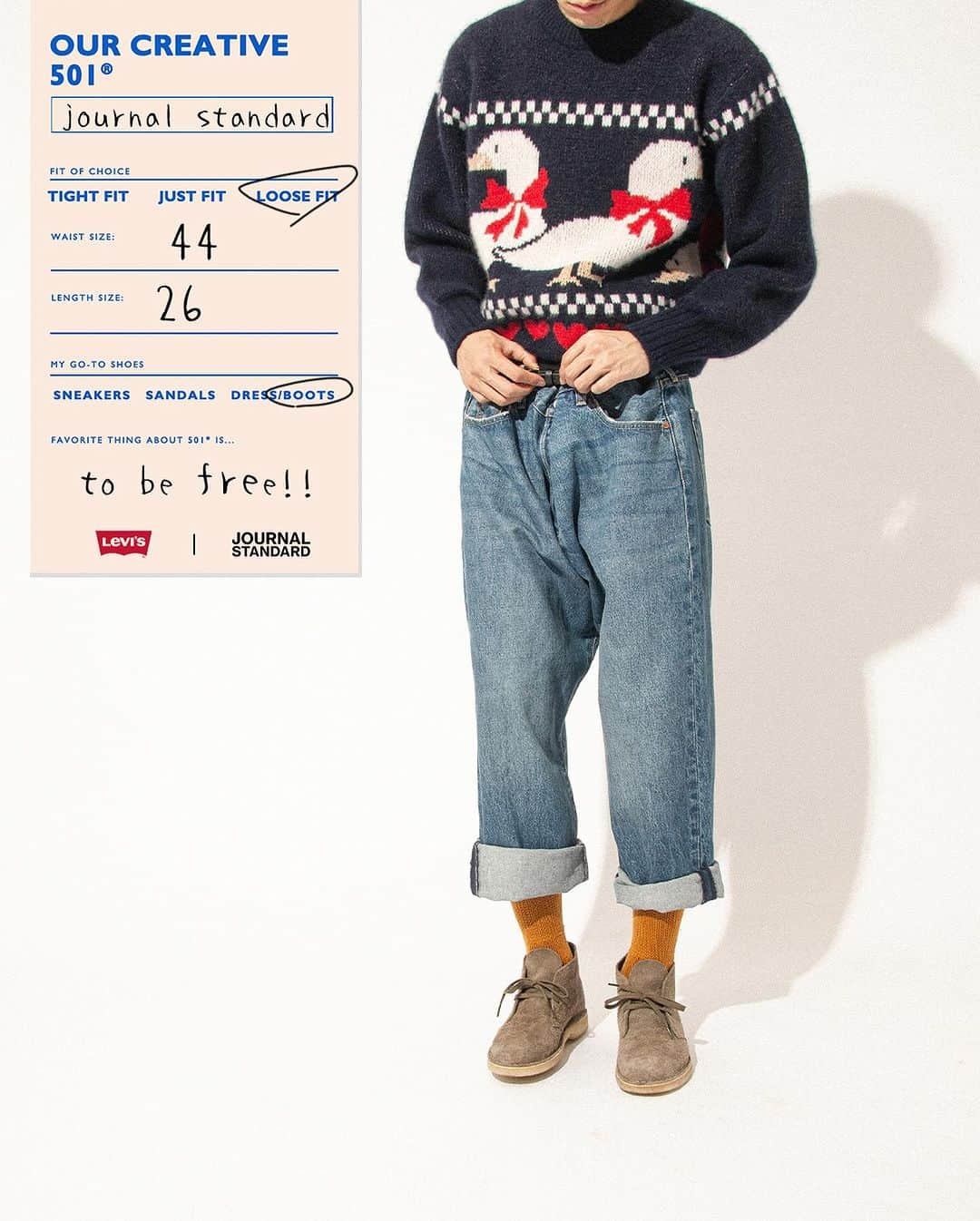 JOURNAL STANDARDのインスタグラム：「OUR CREATIVE 501® - Levi's® for JOURNAL STANDARD - 永遠のスタンダードジーンズを自分らしく、クリエイティブに。  3つのレングスと、様々なウエスト、 多様なサイズレンジから、自分らしい1本を。  ———————————————————— @levis_japan  @levis  ————————————————————  #2023aw #journalstandard #baycrews #fashion #journalstandardmens #journalstandardladies #ジャーナルスタンダード #levis #levis501」