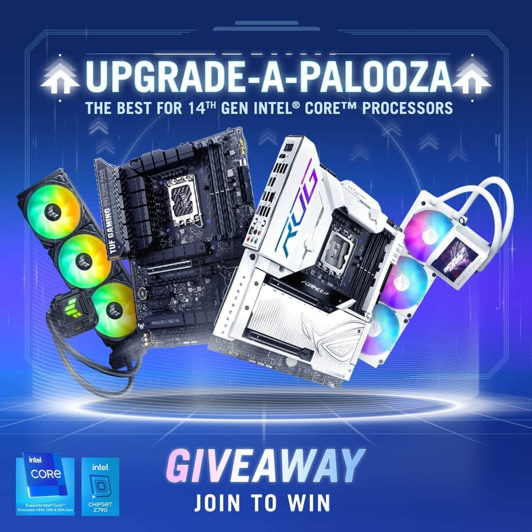 ASUSのインスタグラム：「🚀Upgrade your setup with our awesome hardware! ​⁣ ⁣ Don't miss out on our PC DIY #giveaway which entails our #NEWZ790 motherboards & more! ​⁣ ​⁣ 📆Nov. 6 - Dec. 18 ​⁣ 🎁Win ROG / #TUFGamingZ790 motherboards, AIO Coolers, & more! ​⁣ ⁣ Explore: https://asus.click/Upgrade-A-Palooza ​⁣ ⁣ #AsusZ790 #AsusEZDIY​」