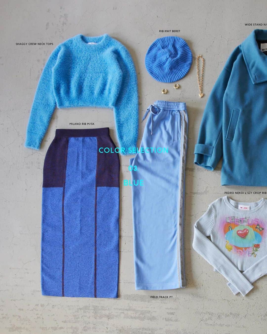 スライのインスタグラム：「COLOR SELECTION 03.BLUE __________________________________ ☑︎MOSAIC PATTERN KNIT TOPS (030GAR70-3860) M/BLK,M/BRN,M/BLU  ☑︎PEDRO NEKOI x SLY CROP RIB TOPS (030GAR01-2380) O/WHT,BLK,L/BLU  ☑︎SHAGGY CREW NECK TOPS (030GAR70-3620) IVOY,BLK,RED,L/BLU  ☑LIGHT CROP BOA BZ (030GAR30-3300) IVOY,BLU,Multi  ☑︎WIDE STAND N/C SHORT COAT (030GAA30-2850) IVOY,BLK,BRN,BLU  ☑︎L/W INSIDE OUT WIDE STRAIGHT-B (030GAY11-5340) BLU  ☑︎FIELD TRACK PT (030GAY81-3700) L/BLU,KHA  ☑︎MILANO RIB M/SK (030GAR71-1910) M/WHT,M/RED,M/TQ  ☑︎SHAGGY COLOR LINE STOLE (030GAR56-4730) BRN,PNK,BLU  ☑︎BOA HANDLE BAG (030GAM55-2990) IVOY,BLU,Multi  ☑︎CHAIN HEART N/C (030GAA56-5420) GLD,SLV  ☑ENCHASE STONE P/EARRING (030GAI56-4790) GLD,SLV  ☑︎RIB KNIT BERET (030GAA56-5370) BLU,BLK,T.GRY _____________________________ㅤ #SLY #SLY_fav」
