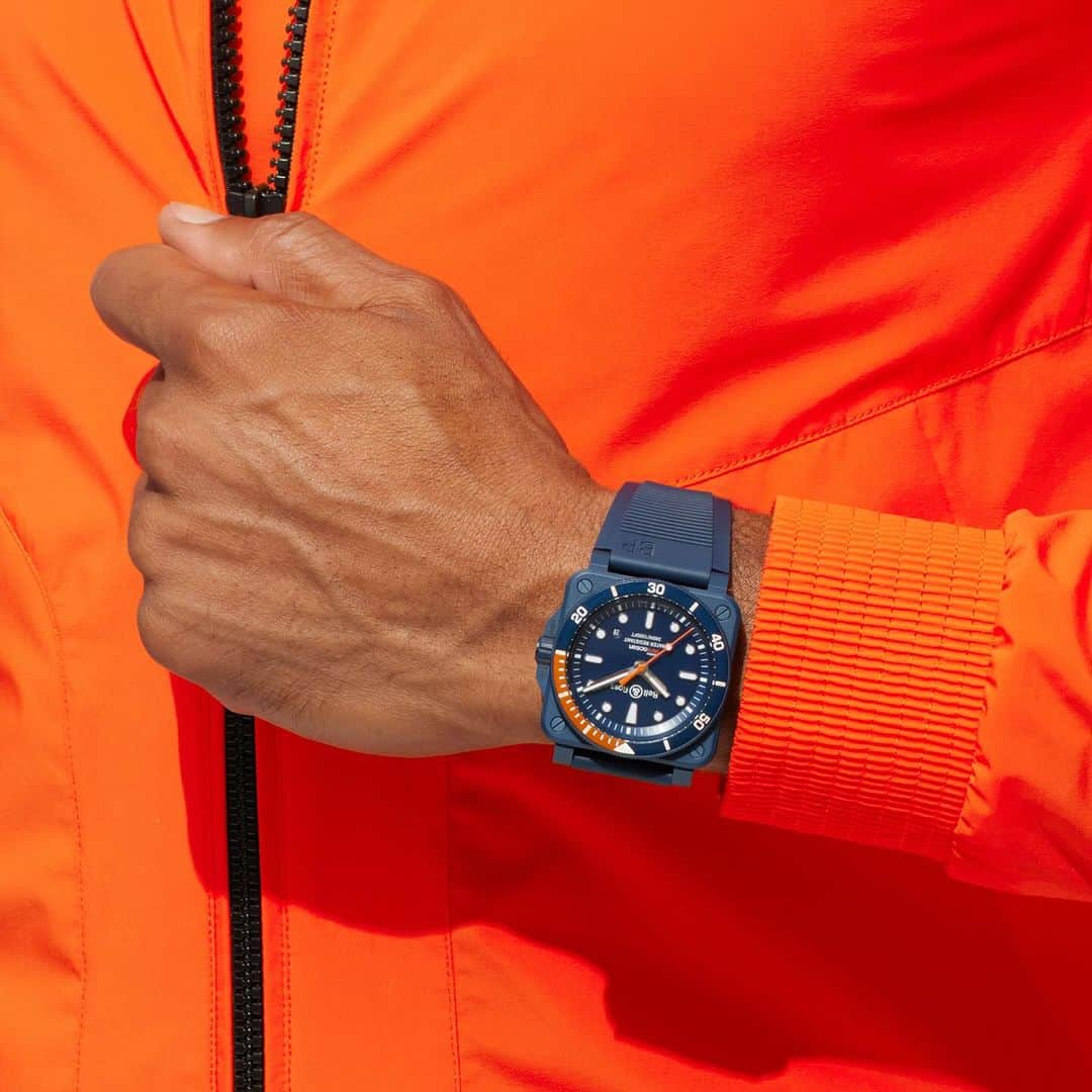 ベル&ロスのインスタグラム：「The new BR 03-92 Diver Tara is crafted for professionals and gives importance to functionality.  This time instrument is equipped with a unidirectional blue and orange ceramic rotating bezel graduated over 60 minutes and water resistant up to 300 meters. A Super LumiNova coating ensures perfect legibility in the dark. @fondationtaraocean   Discover more via the link in our bio.  #bellross #timeinstruments #BR0392 #Diver #BRFondationTaraOcéan #FondationTaraOcéan」