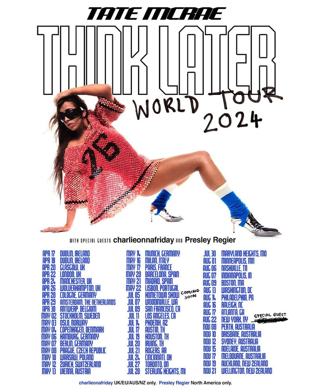 タテ・マクレーのインスタグラム：「THE THINK LATER WORLD TOURRRRR 2024!!!!! i can’t believe this is happeninggg😭😭 cannot wait to see u guys!!!!!! <333333 link in bio   US: pre-sale for @americanexpress cardmember begins on tuesday, november 7th. general on-sale begins friday, november, 10th at 10am local.   UK: pre-order THINK LATER for pre-sale access on wednesday, november 8th. general on-sale begins friday, november, 10th at 10am local.  AUS & NZ: pre-order THINK LATER for pre-sale access on monday, november 13th. general on-sale begins tuesday, november 14th at 3pm local.」