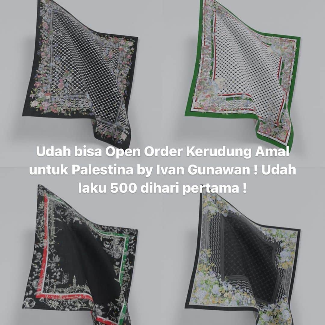 Ivan Gunawanのインスタグラム：「Kemarin yang heboh pengen kerudung karya @mandjha.ivangunawan nya kak Igun @ivan_gunawan , sekarang udah bisa di order bahkan udah sold 500pcs ! Ayo jangan sampe ketinggalan mumpung masih open !   Gas ya temen-temen yang mau scarf ini, langsung aja order di WA : +62 878-2288-0092  Harganya cuma Rp 229.000 dan full keuntungan nya untuk support Palestina ! Luar biasa   Mabruk kak @ivan_gunawan !   #palestine #ivangunawan #onepostonelife #🇵🇸」