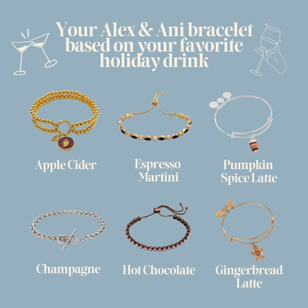 アレックスアンドアニのインスタグラム：「⭐GIVEAWAY! ⭐ Do you want to win one of these gorgeous bracelets?   Entry is simple! Comment your favorite below based on your go-to holiday drink and we'll select THREE of you to win one of these bracelets. Winner will be chosen on Friday, 11/10! Cheers and good luck! 😉  *Giveaway open to US residents only*  #fall #fall2023 #falldrinks #fallcocktails #fall2023trends #alexandani #jewelry #giveaway #jewelrygiveaway #giftsforher #holidaysale」