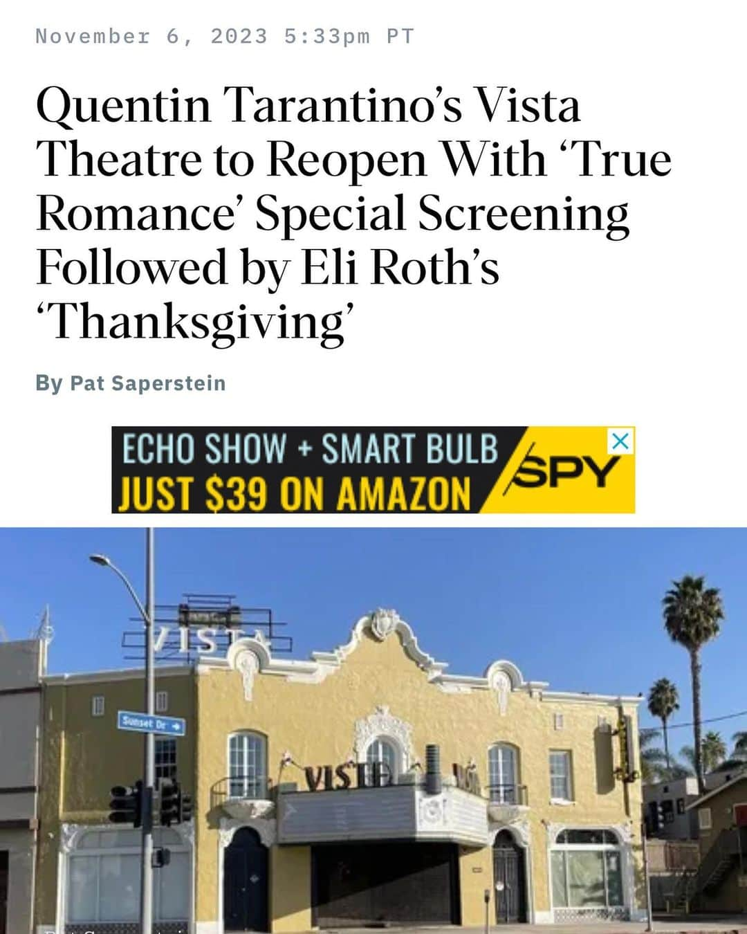 イーライ・ロスのインスタグラム：「So proud to reopen Quentin Tarantino’s renovated historic @vistatheaterhollywood with a 35mm print of @thanksgivingmovie! 5 day exclusive engagement starting Nov 17th. Don’t miss it! #AllWillBeCarved」