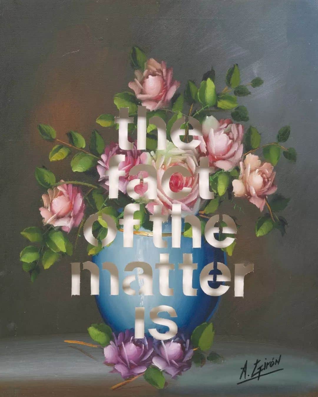 テート・ギャラリーのインスタグラム：「💐 In Amikam Toren's ongoing series 'Armchair Paintings' 1989, the artist buys oil paintings from charity shops or thrift stores and then cuts the text into the picture plane.   In this work, a picture of a vase of pastel coloured roses is incised with 'the fact of the matter is'. The canvas is suspended away from the support, so that the words appear in white, the shadows of the letters faintly visible through the incisions.  The language is taken from different sources: graffiti, signage or overheard phrases, and the combination of text and image creates new meaning.   🖼️ Amikam Toren, Armchair Painting - Untitled (wallbound) 1991 @amikamtoren」