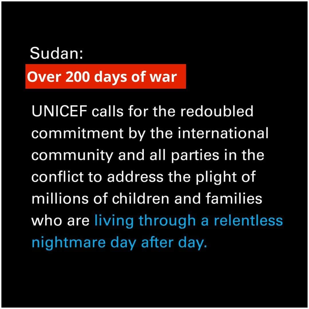 unicefのインスタグラム：「200 days of war.  In Sudan, children continue to pay the highest price for a crisis not of their making - increasingly with their own lives.  This is their reality:  Nearly 14 million children in Sudan are in urgent need of life-saving humanitarian assistance. A staggering 19 million children in Sudan are unable to return to classrooms, making it one of the worst education crises in the world. Around 7.4 million children lack safe drinking water. UNICEF is responding to the rising needs, but they are growing by the hour.  These children need your support. Donate today to save lives. Link in bio.  @unicefsudan」