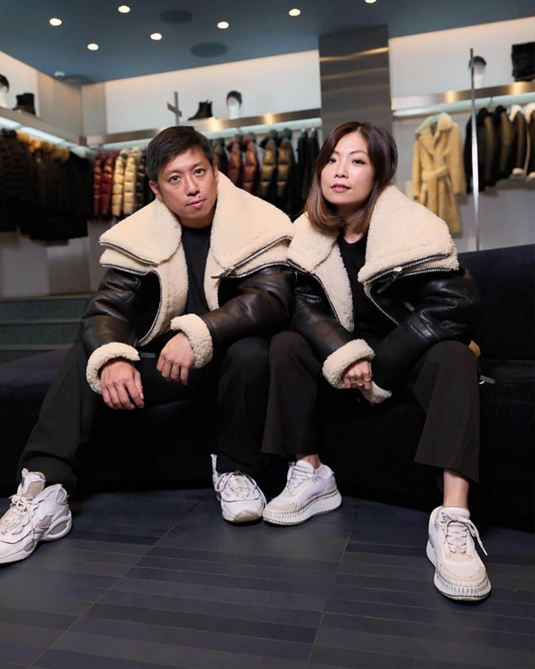 マッカージュのインスタグラム：「MONDE MACKAGE  LOTTE & PENELOPA on brother & sister @edward.berthelot @may.berthelot. A luxurious sheepskin jacket featuring fine edge painting finishing. Ultra-soft shearling trim covers the jacket throughout providing a warm and comfortable layer for the cold days down to -20ºC. Dramatic double removable stand collars add a unique eye-catching detail while providing extra coverage for high winds. The oversized fit is complimented by articulated sleeves and dropped shoulders. Shearling zipper pockets and leather welt pockets offer ample storage room for essentials.   More on MACKAGE.COM  #MACKAGE #MONDEMACKAGE」
