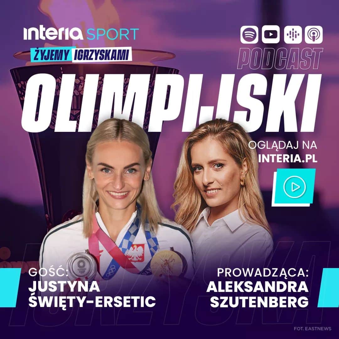 ユスティナ・シュエンテのインスタグラム：「𝗕𝗢𝗢𝗢𝗠💥 Kolejnym gościem @olaszutenberg w #PodcastOlimpijski będzie złota medalistka igrzysk olimpijskich z Tokio @justyna.swiety.ersetic. 📺 Transmisja we wtorek o 14 na http://interia.pl i YT  #lekkoatletyka #sport #interia」