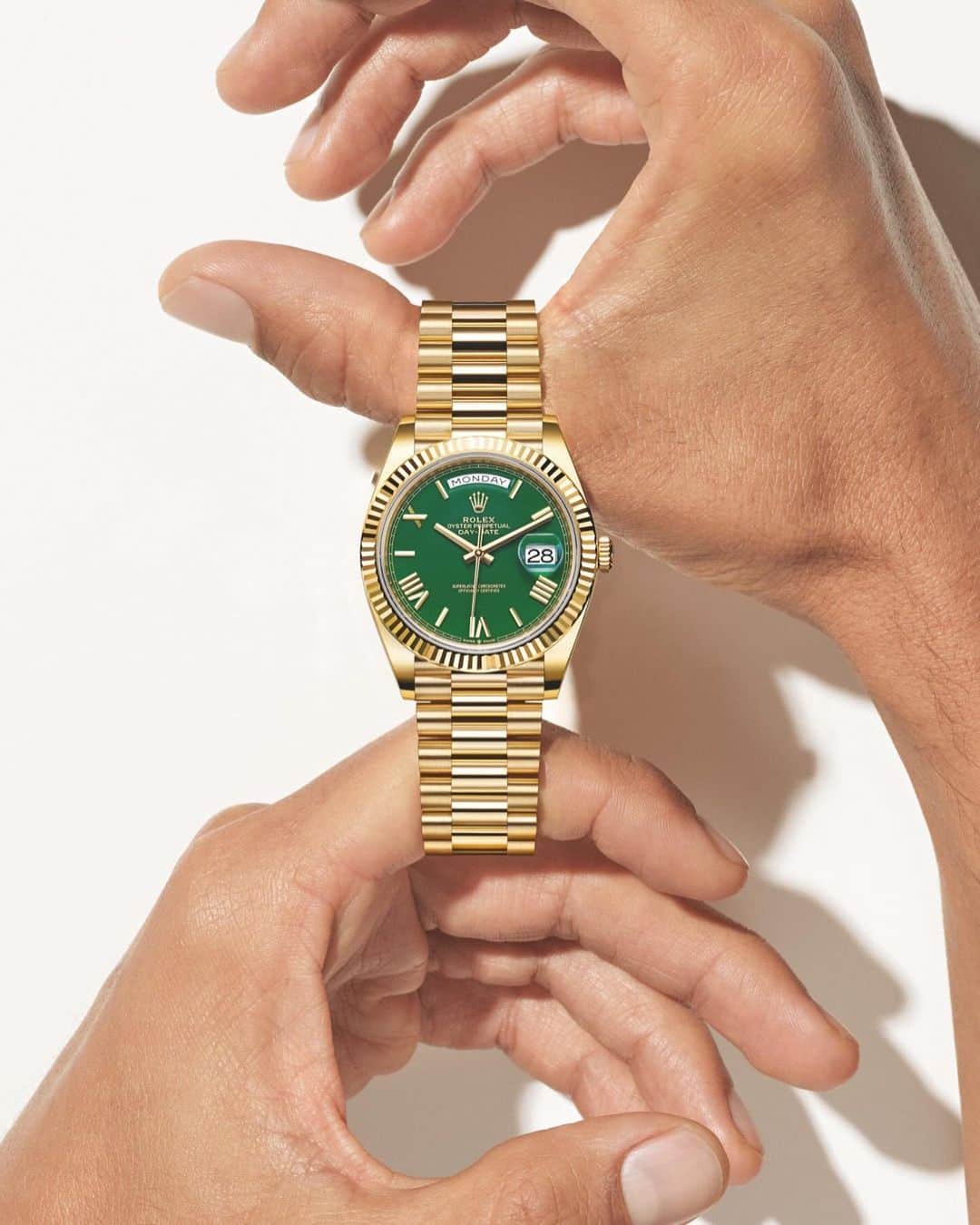 Harrodsさんのインスタグラム写真 - (HarrodsInstagram)「The @Rolex #DayDate, the union of elegance and innovation. The Day-Date 36 with an eisenkiesel dial and the Day-Date 40 with a green dial are both representations of the ultimate status watch.  Find #Rolex in Fine Watches on the Ground Floor.  #Harrods #HarrodsFineWatches #OfficialRolexRetailer」11月7日 3時02分 - harrods