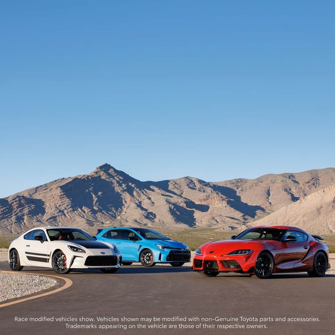 toyotausaのインスタグラム：「There's always room for family. Especially when it includes the #GR86 TRUENO Edition, #GRCorolla Circuit Edition, and the GR #Supra 45th Anniversary Edition. #GAZOORacing #LetsGoPlaces」