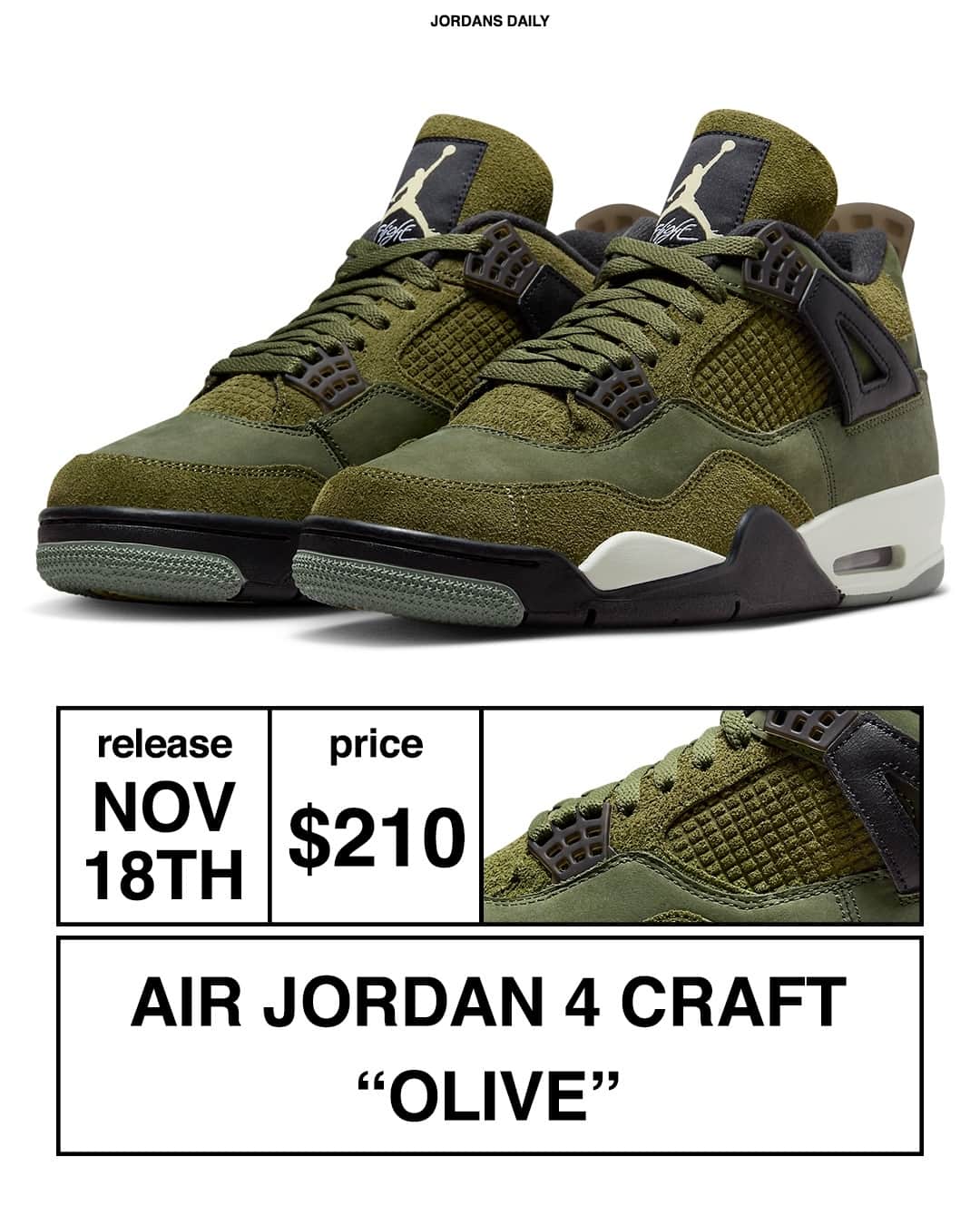 Sneaker News x Jordans Dailyのインスタグラム：「The Air Jordan 4 Craft "Olive" is dropping later this month 👀 For more details as well as a look at the official images, tap the link in the bio!」