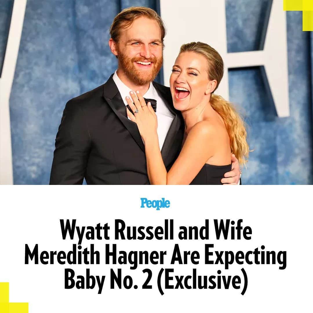 People Magazineのインスタグラム：「Wyatt Russell and wife Meredith Hagner's family is growing! 🍼  The couple is currently expecting their second baby, PEOPLE has learned. The "Falcon and the Winter Soldier" actor, 37, already shares son Buddy Prine, 2½, with his wife of four years.  Tap the link in bio for more details!   | 📷: LEON BENNETT/FILMMAGIC」