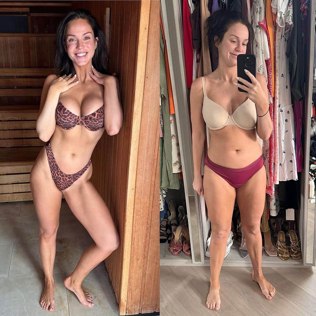 ヴィッキー・パティソンのインスタグラム：「This is not a transformation pic, not a before & after weight loss pic, & I'm not trying to flog you a detox tea or something similar & equally problematic 😂🤦🏻‍♀️  These pics were taken a couple of days apart. The only difference? I was on my period on the picture on the right & I'm not in the picture on the left.. (oh & I've got an super supportive bikini on in the left hand side pic & an M&S nude spesh on the right 😂) I look at these pics & I know the girl on the left is no more successful, kind, bright or funny than the girl on the right! Her boyfriend doesn't love her more, she isn't happier (I mean she's less of a cow but that's the hormones 😂) ultimately She's the same.   But they aren't viewed the same are they? One is celebrated & the other is shamed. 🥹  Bodies are meant to change. All the time infact. Not just over the course of the month but throughout the day! Bodies change, weight fluctuates & our shapes vary.. That is perfectly normal. But sometimes accepting that is hard. Learning to be kind to yourself & appreciate your body for what it's given you, rather than punish it for what it isn't is hard.   As someone who has actively hated my body for years, struggled with disordered eating, weaponised exercise & truly believed that my happiness was intrinsically linked to a number on a scale I know learning to accept your changing body & love the skin you're in can be difficult.   It took me til my 30's to realise that there is so much more to life than having a thigh gap, a perfectly flat stomach or being a size 6.. like cheese for example 😂  I urge you all to stop forcing your body to be something it doesn't want to be, stop punishing it & stop letting these tiny little squares control how you see yourself.. We're worth so much more than apps, likes & how we look in a bikini. Our bodies do incredible things- especially as women & it's time we stopped punishing ourselves for what they aren't & start celebrating them for what they are and what they can withstand ♥️  Be proud of your period pot, your mum tum, your battle scars, your cellulite & everything in between- because they tell the story of a warrior. And that is pretty f**king incredible.」