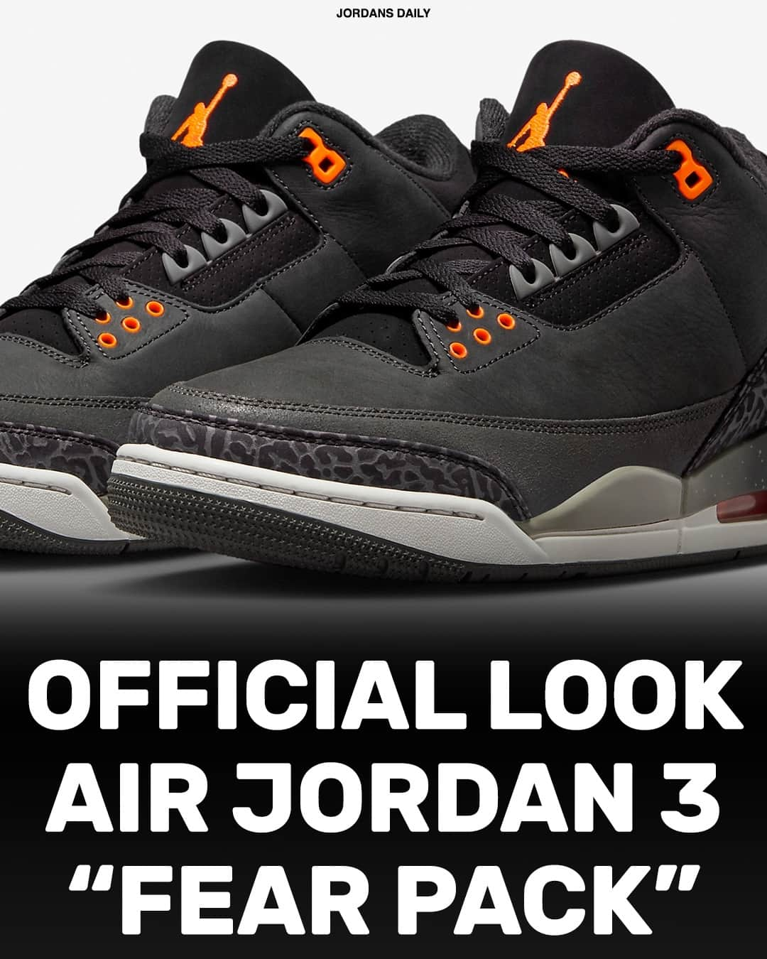 Sneaker News x Jordans Dailyのインスタグラム：「OFFICIAL LOOK: Air Jordan 3 "Fear Pack" (2023)⁠ Releasing Nov. 25th -- Tap the link in the bio for more details!」