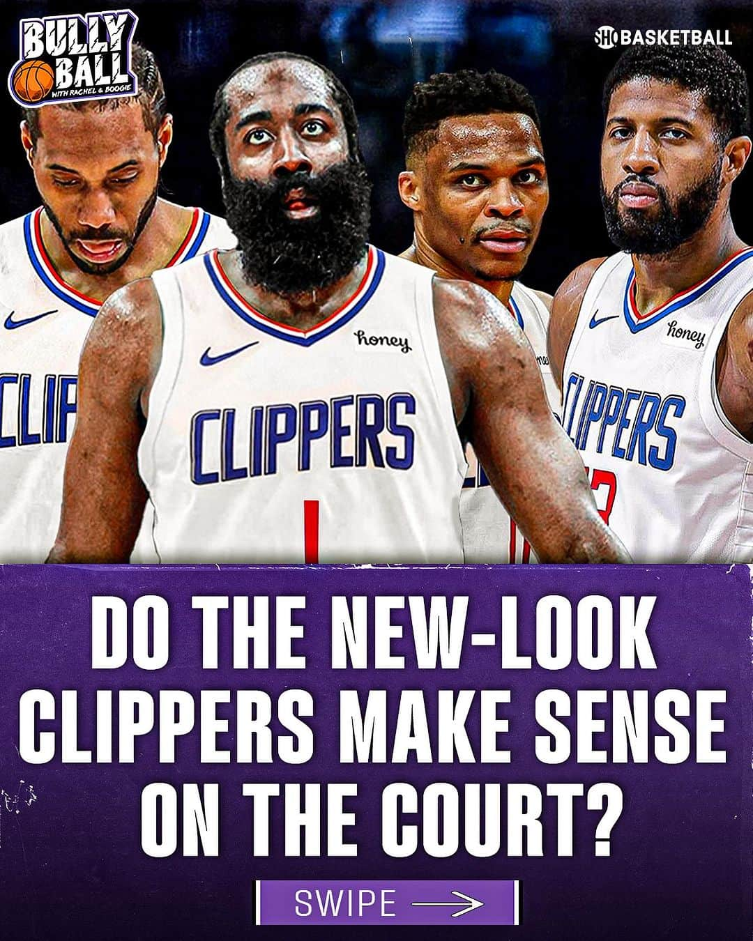 レイチェル・ニコルズのインスタグラム：「Who would you start tonight in James Harden’s first game with the #Clippers? @boogiecousins and I discuss. Subscribe to our new @shobasketball pod Bully Ball wherever you get your podcasts - links in bio.」