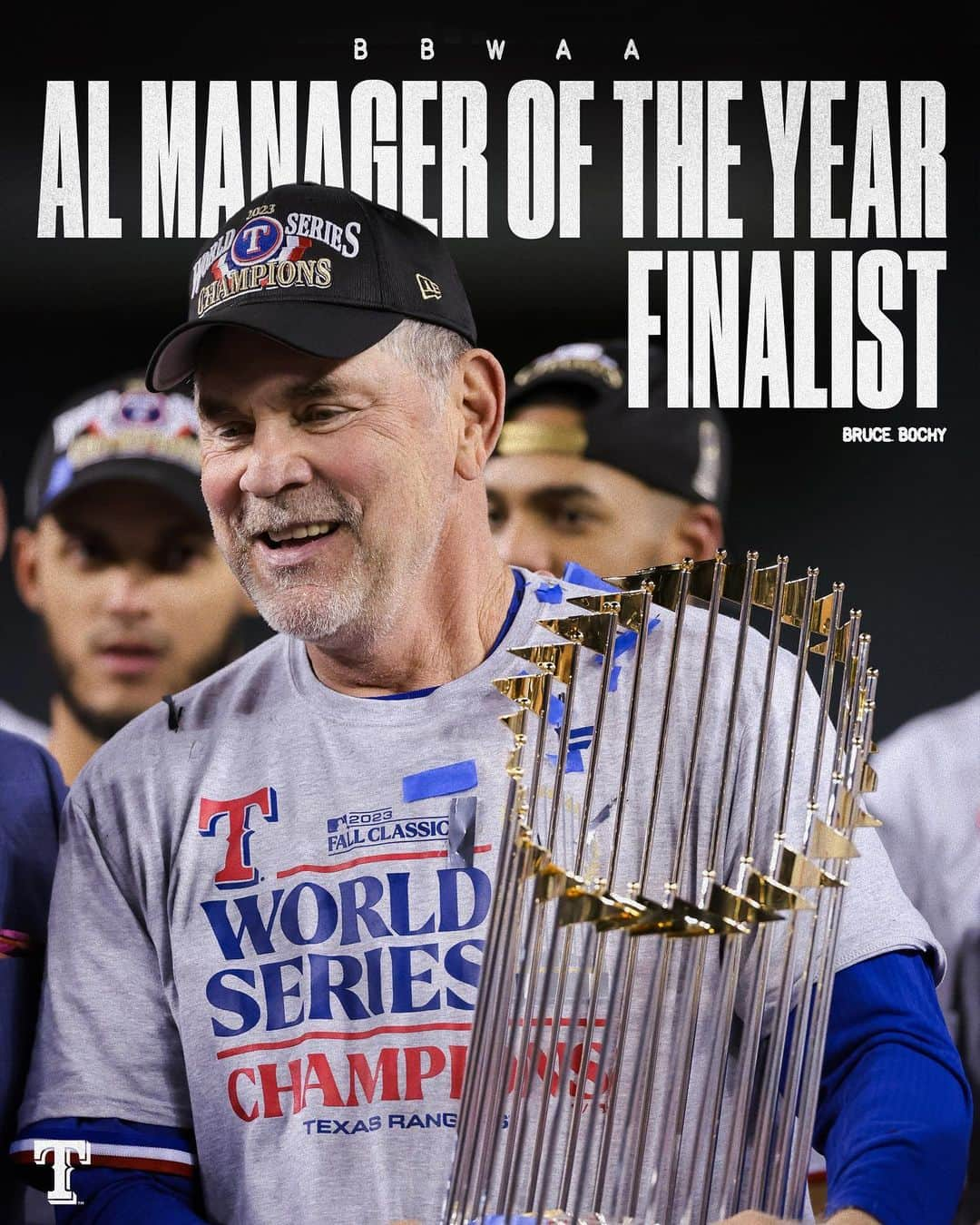 テキサス・レンジャーズのインスタグラム：「The man who took us higher.  Bruce Bochy is a finalist for AL Manager of the Year!」