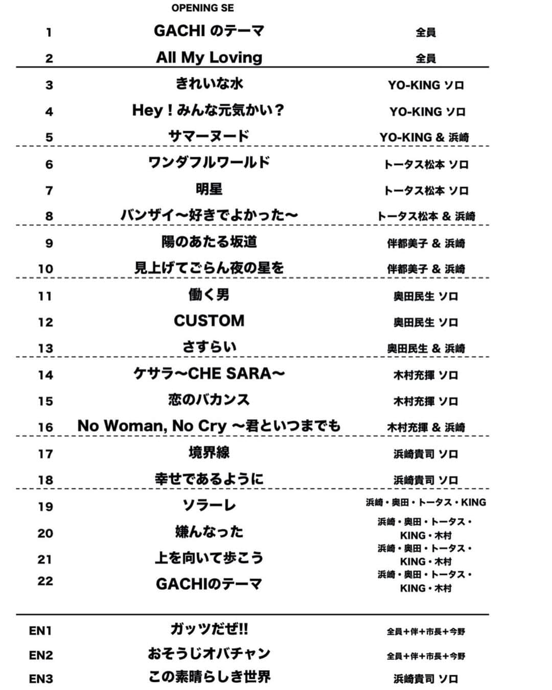 浜崎貴司のインスタグラム：「熊本、福岡でのGACHIのセットリストです。  福岡ではこの他に、  即興で、サザエさんのオープニング曲「サザエさん」を、  みんなで歌いました。  確か「日曜日よりの使者」の前だったかな？  どちらもほぼ3時間のステージ。  でもあっという間でした。  それにしても楽しい二日間だったな〜。  写真は最初のものが熊本、2枚目が福岡です。  @rcmr_official  @van._doasinfinity  @tortoise_matsumoto_official  @yokinghonnin  #木村充揮 @mammothsakura #gachi #gachispecial #gachispecialinkumamoto  #gachispcialfukuoka #奥田民生  #藤原さくら  #トータス松本  #yoking  #木村充揮  #伴都美子  #大西一史  #今野多久郎」